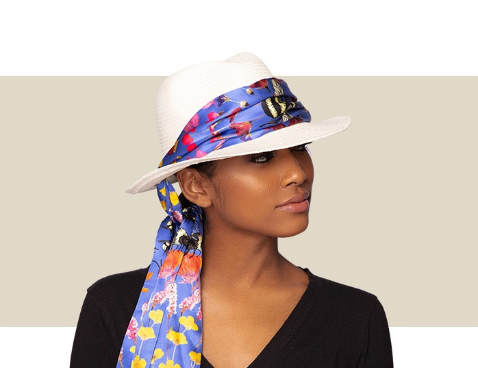 PANAMA HAT - Natural with Blue Silk Scarf - Gold Coast Couture