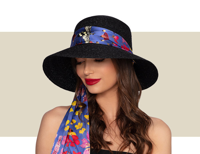 UMBRIA HAT - Black with Silk Scarf - Gold Coast Couture