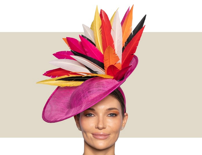 Magenta feather Kentucky Derby statement hat by J Bee's Millinery