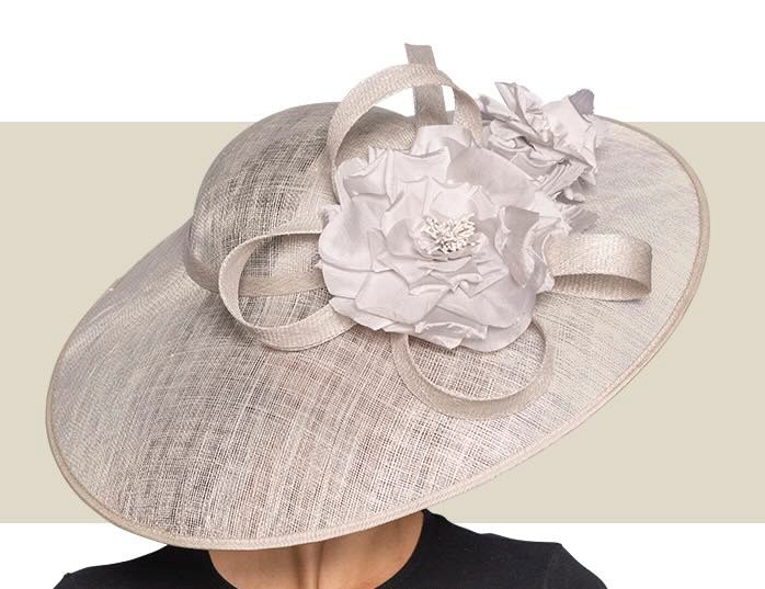 Silver wide-brim sinamay fascinator with floral detail