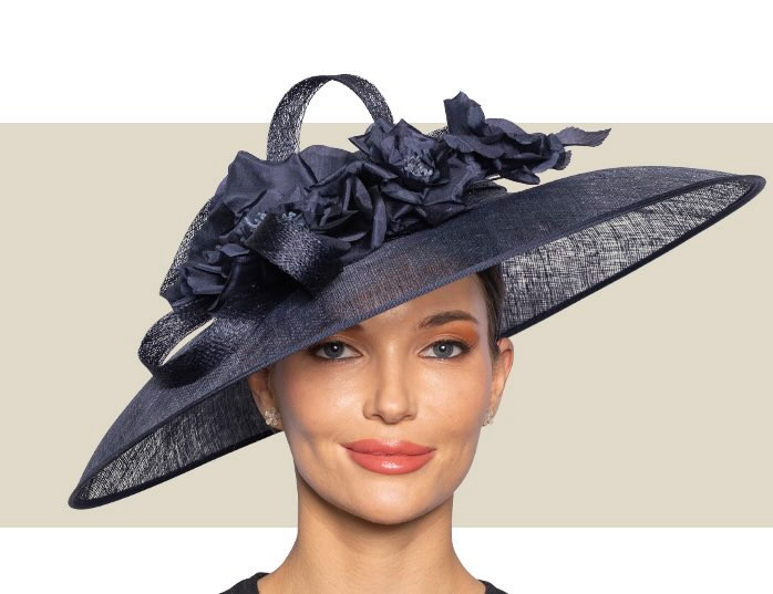 Wide-brim navy blue sinamay fascinator hat