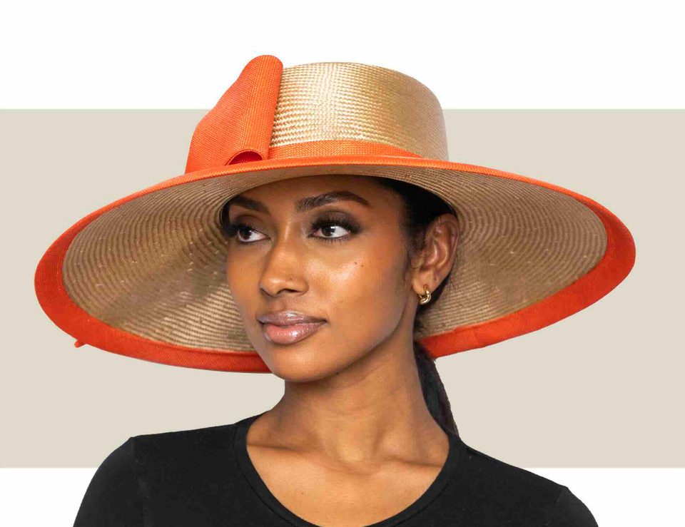 Tan and coral parasisal hat perfect for the Kentucky Derby and weddings