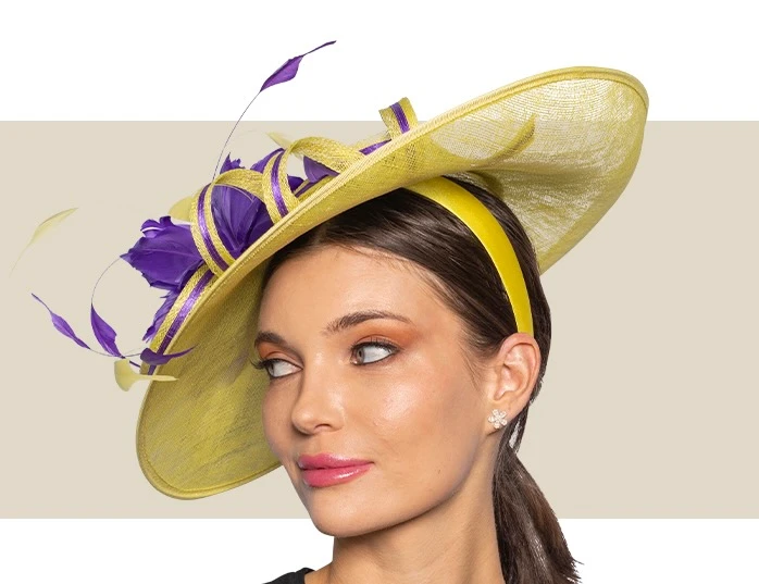 Chartreuse and purple fascinator hat for weddings, garden parties, and horse races
