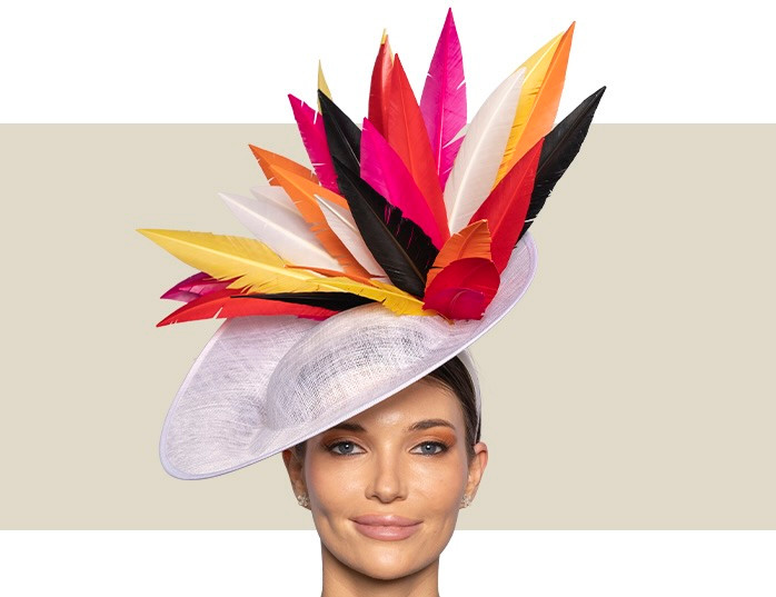 White and multicolor feather Kentucky Derby hat by J Bee's Millinery