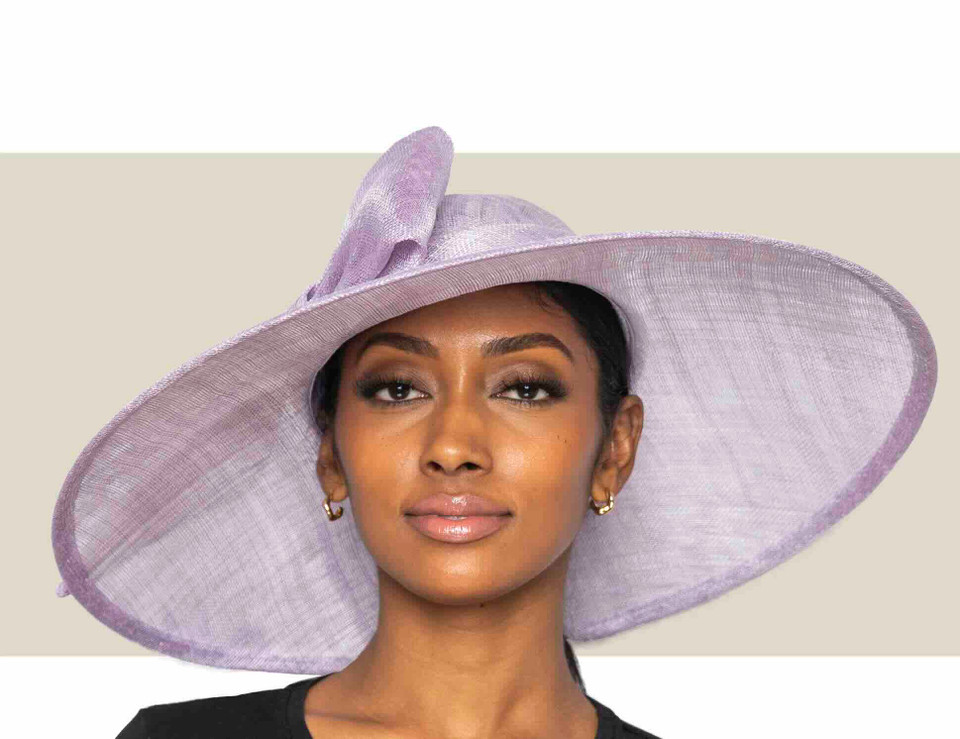 Lilac wide brim hat for weddings and garden parties