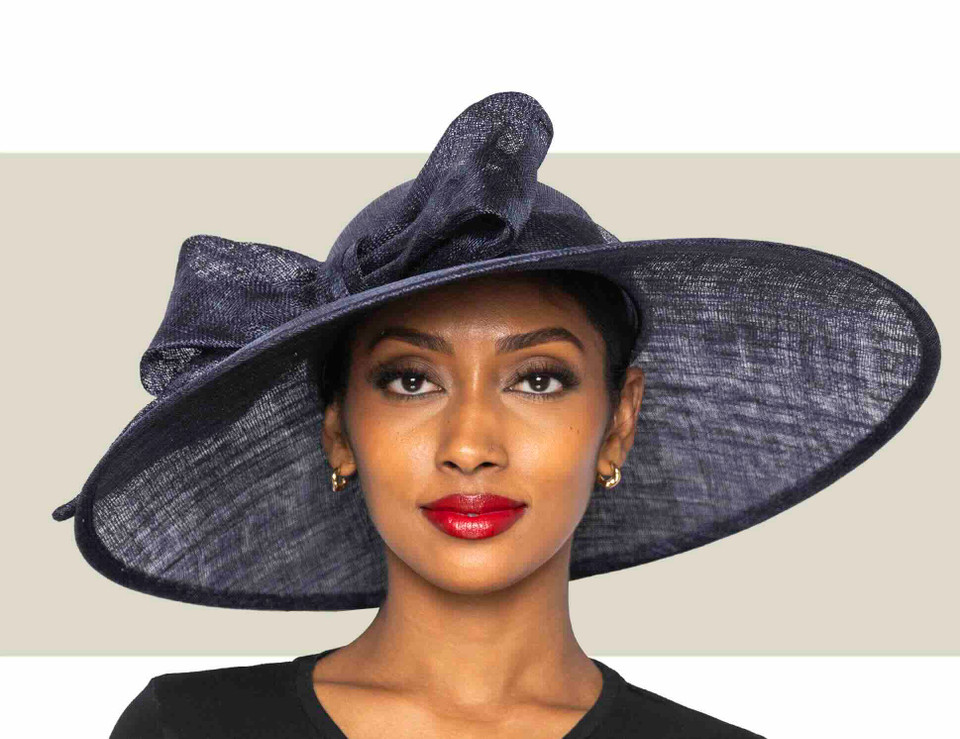 Navy blue women's wide brim hat for Kentucky Oaks and weddings