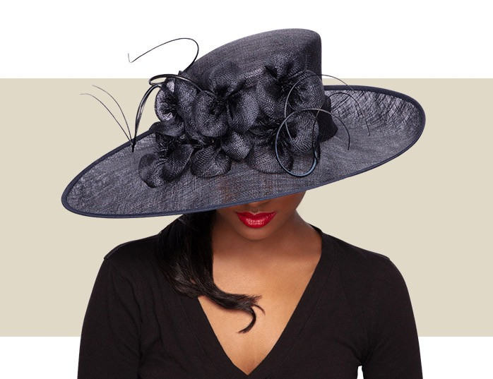 Wide brim navy Derby hat with floral detail