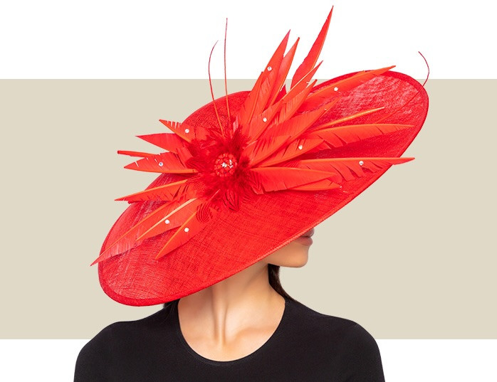 Wide brim Kentucky Derby hat in red with dramatic feather accents