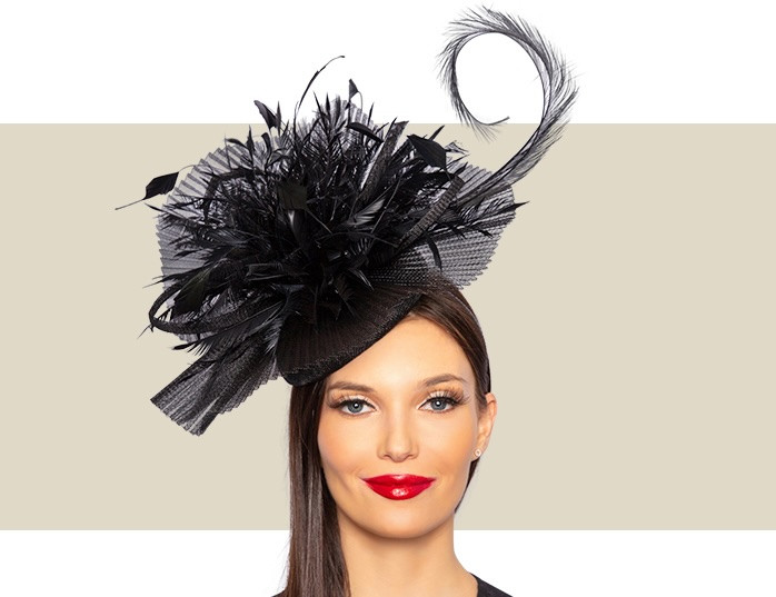 Black fascinator with crin, feather trim and sinamay loops by Peter Bettley