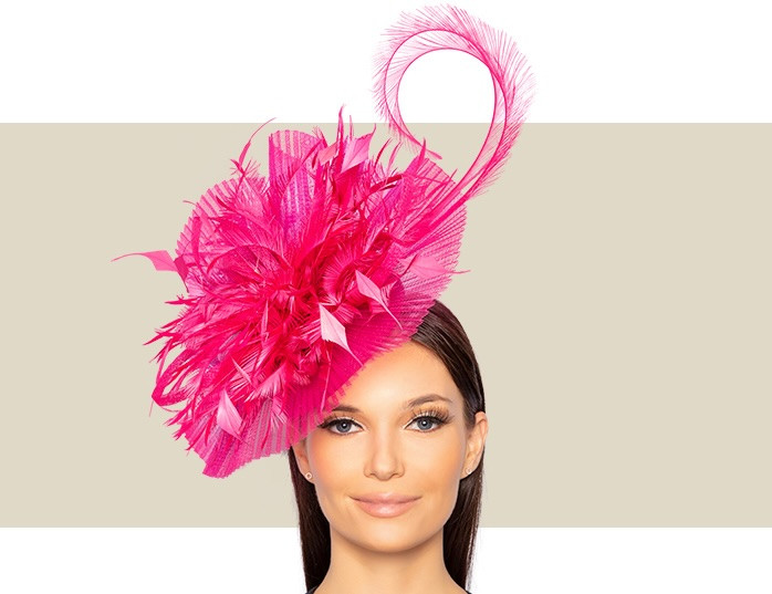 Hot Pink fascinator with crin, feather trim and sinamay loops by Peter Bettley