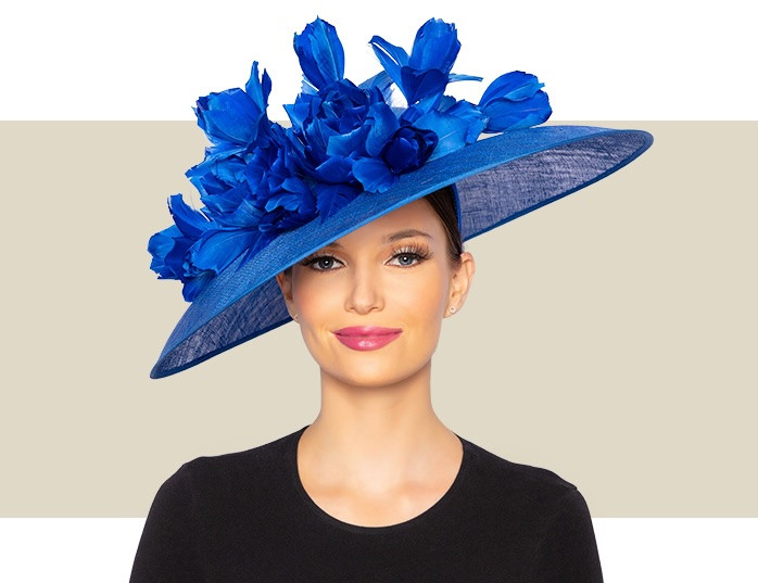 Cobalt blue Kentucky Derby hat with feather flowers by Peter Bettley