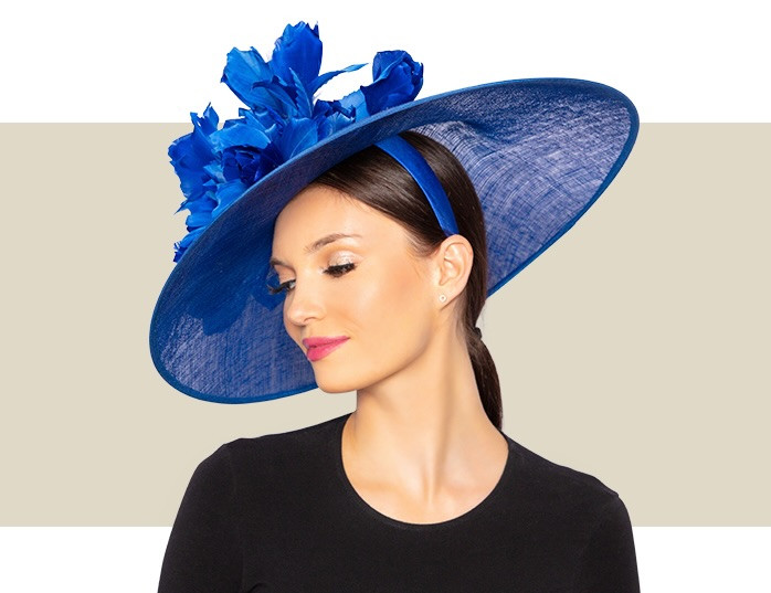 Cobalt blue statement Derby hat with sinamay base and feather flowers