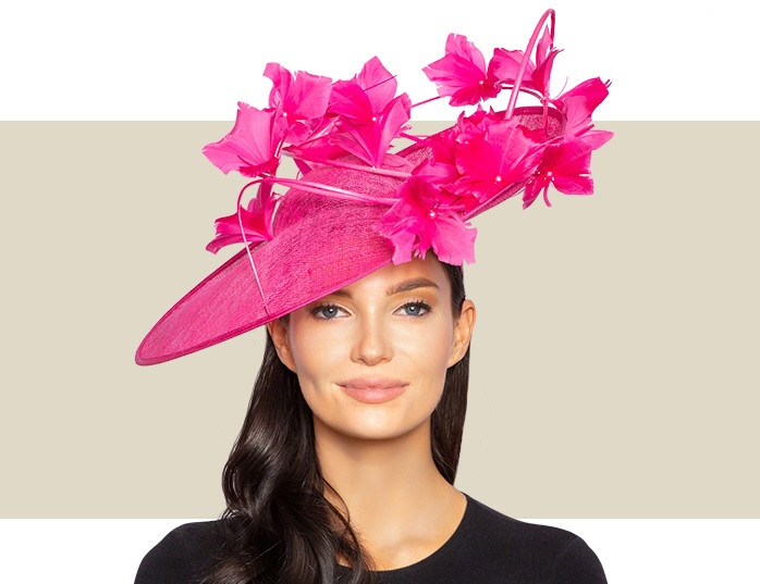 Hot pink Kentucky Derby and Oaks fascinator hat with sinamay disc base