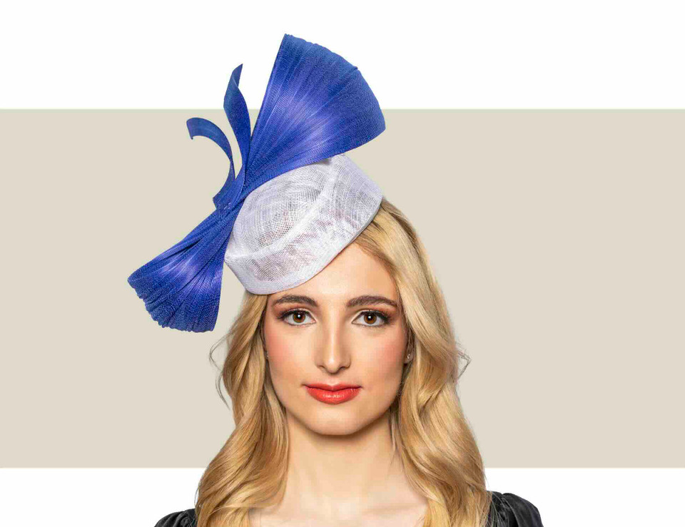 White and blue pillbox hat for bridal shower