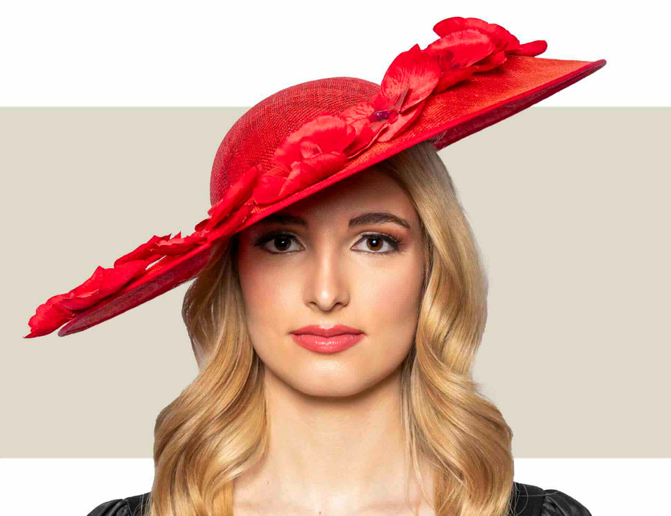 Red wide brim statement hat with orchid detail