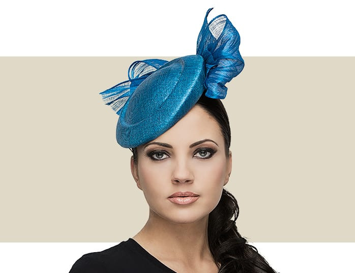 Azure Blue Sorrento Pinok Hat with Abaca Silk Bow Trim Azure Blue Sorrento Pinok Hat with Abaca Silk Bow Trim