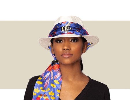 帽子 SILK SCARF CAP/ NAVY PANAMA HAT - Natural with Blue Silk Scarf - Gold Coast Couture