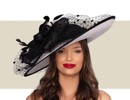 Designed by EE Ivory & Black Wide Brim Church Kentucky Derby Fascinator Hat OS Ivory Wide Brim Kentucky Derby Hat With Black Trim, Elegant  main image 2