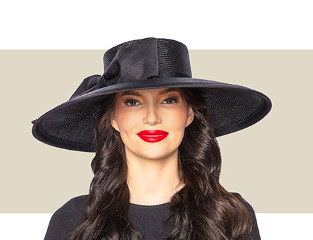 black dress hat for women CAMERON Wide-Brim Occasion with Bow Color:Grey/Black & White Handcrafted in England ecom10/17 Soho Evening Asymmetrical Poplin