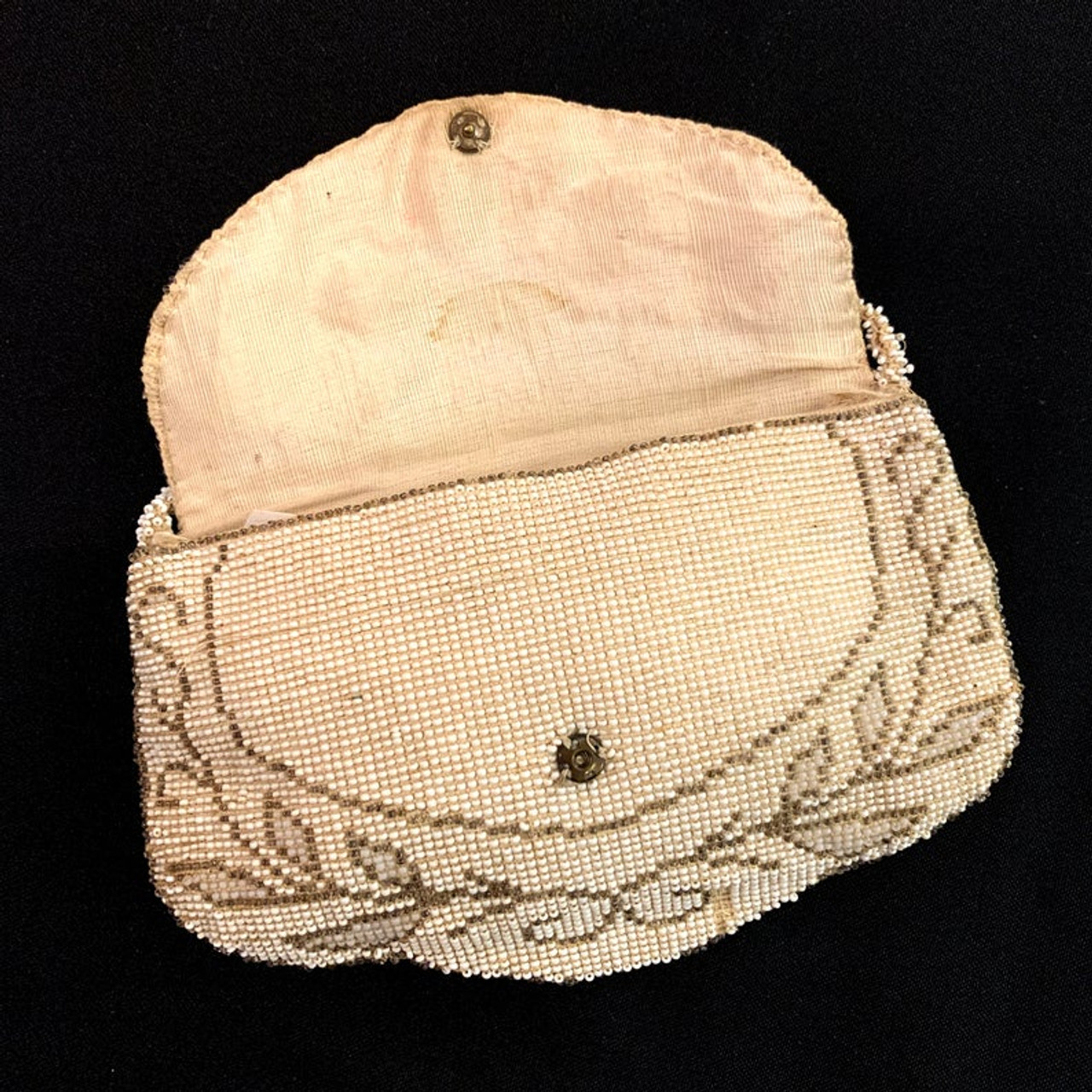 VTG Czechoslovakia White Ivory-Toned Floral Beaded Evening Bag Purse with  Zipper