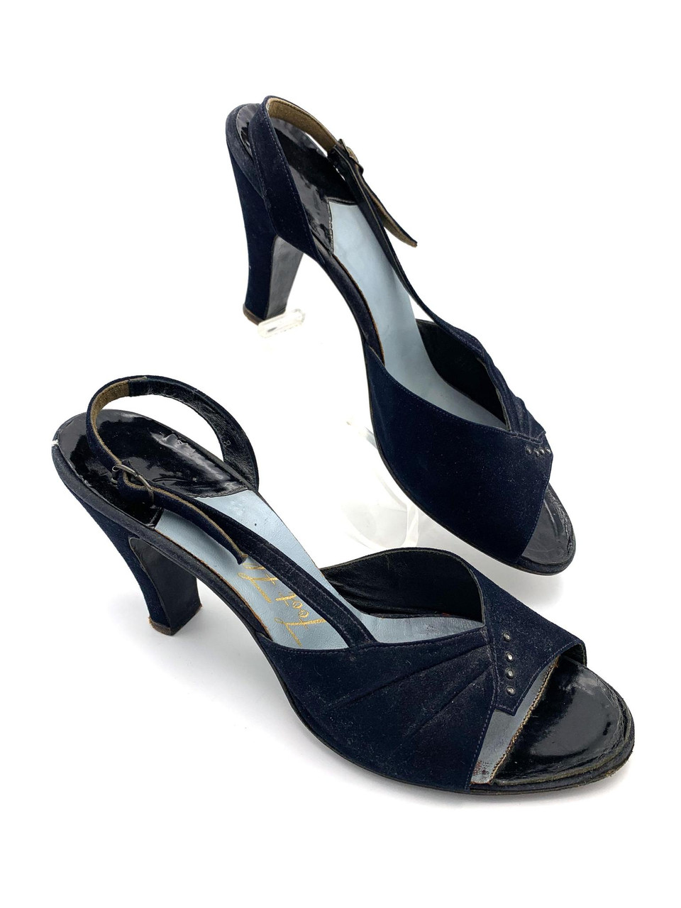 1940s - 50s Navy Suede Slingback Heels 