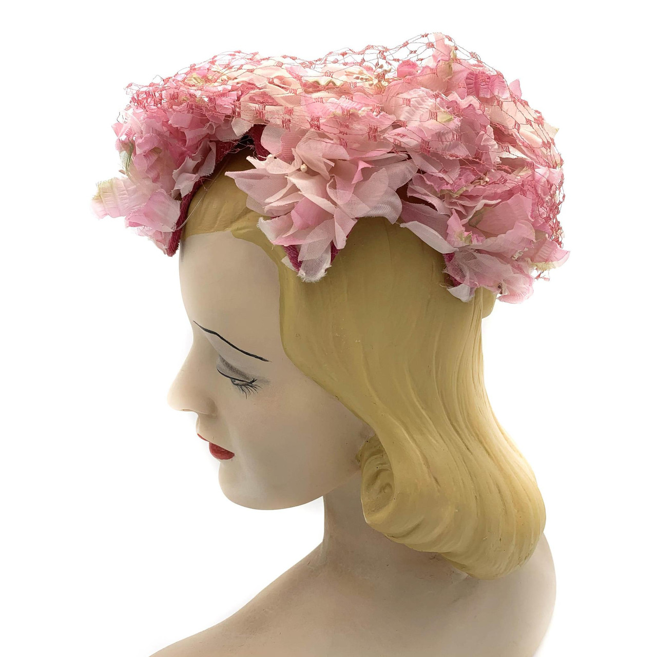 1950s Pink Floral Hat With Veil Overlay