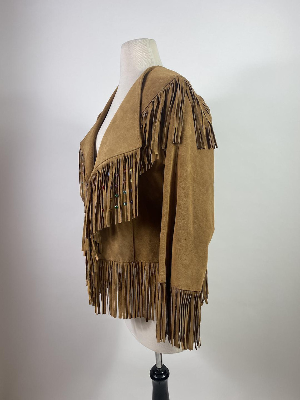 Vintage 70s - 80s Tan Suede Leather Fringe Jacket - Paper Doll