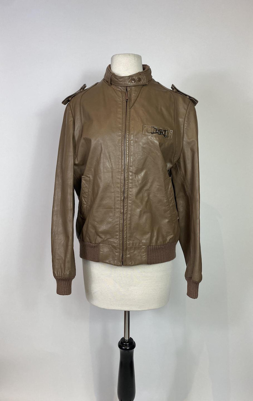 1970s 1980s Etienne Aigner Brown Leather Bomber Jacket Paper