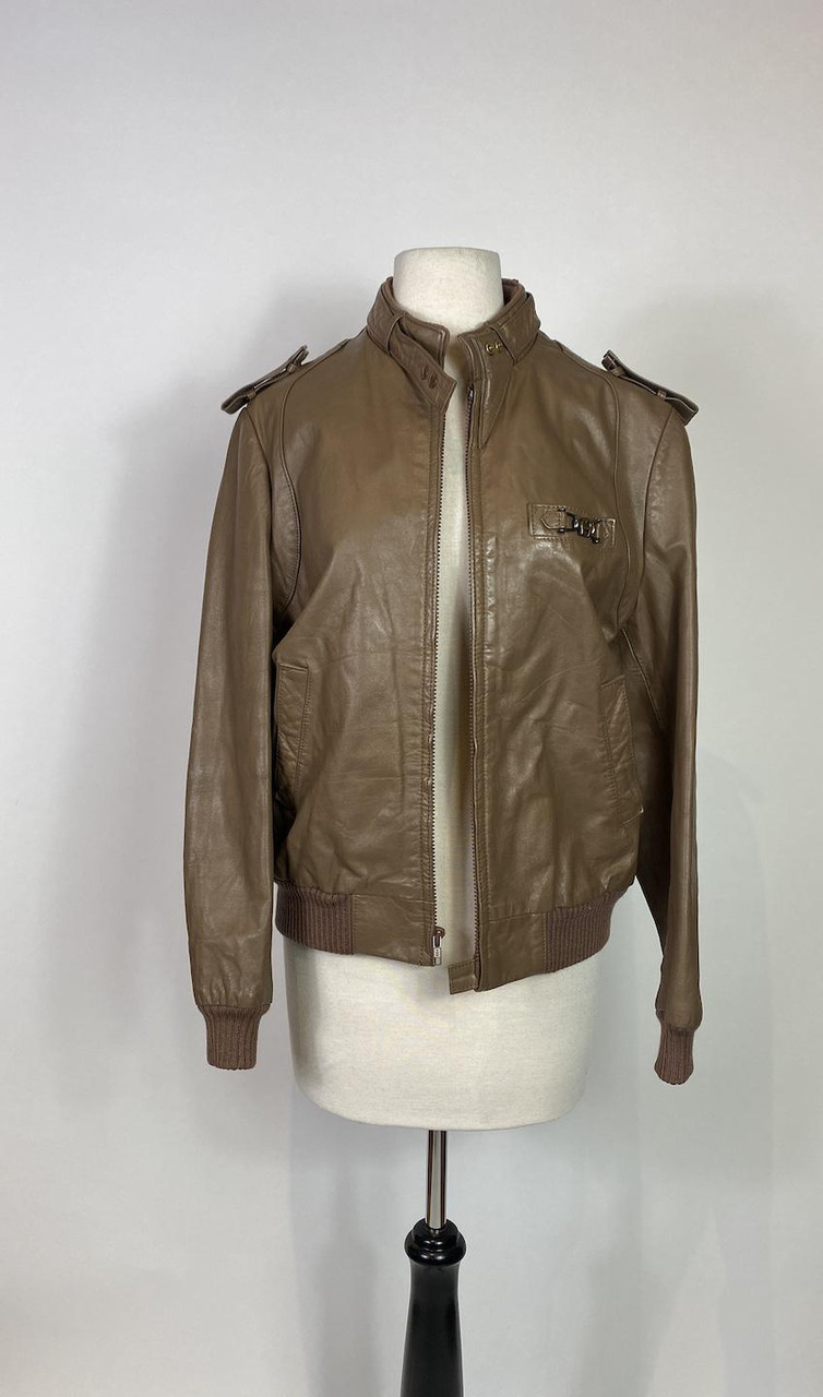 1970s 1980s Etienne Aigner Brown Leather Bomber Jacket Paper