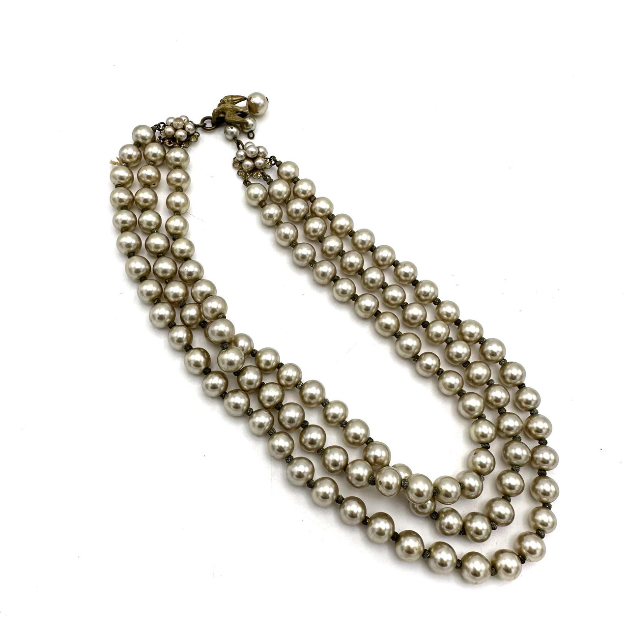 1950s MIRIAM HASKELL Bird Clasp Glass Pearl Multi Strand Beaded Necklace