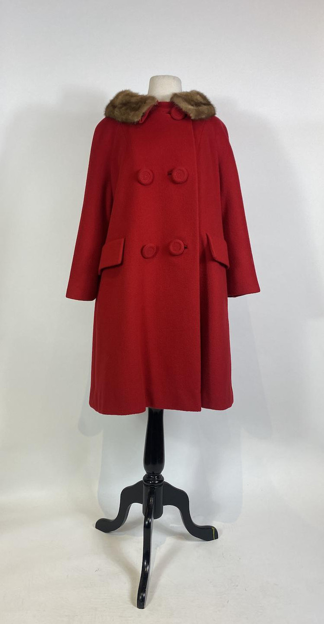 1950s - 1960s Red Mod Wool Coat Mink Fur Trim by Hockanum