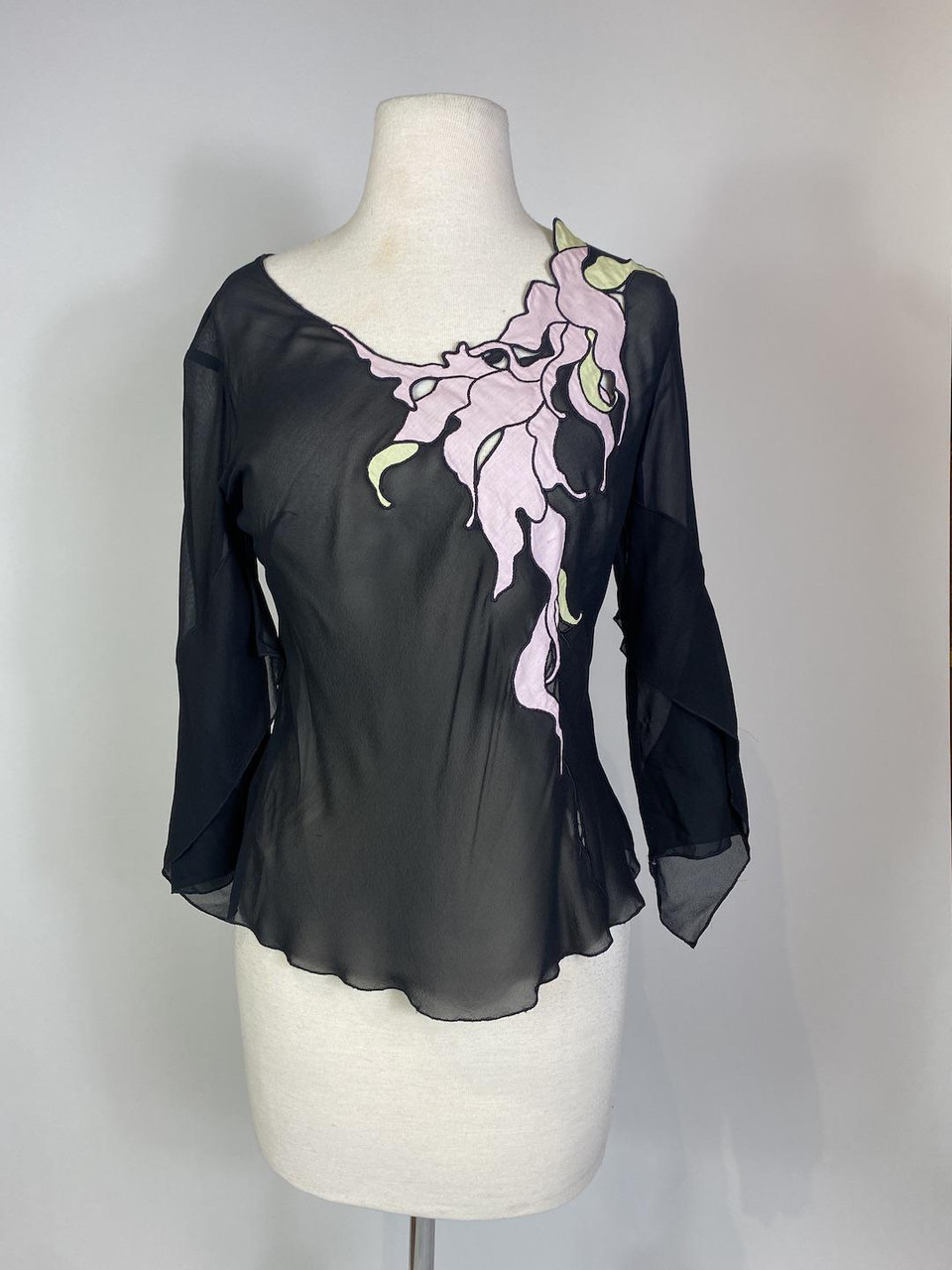 1990s - Y2K Vivienne Tam Black Silk Mesh Flutter Sleeve Top