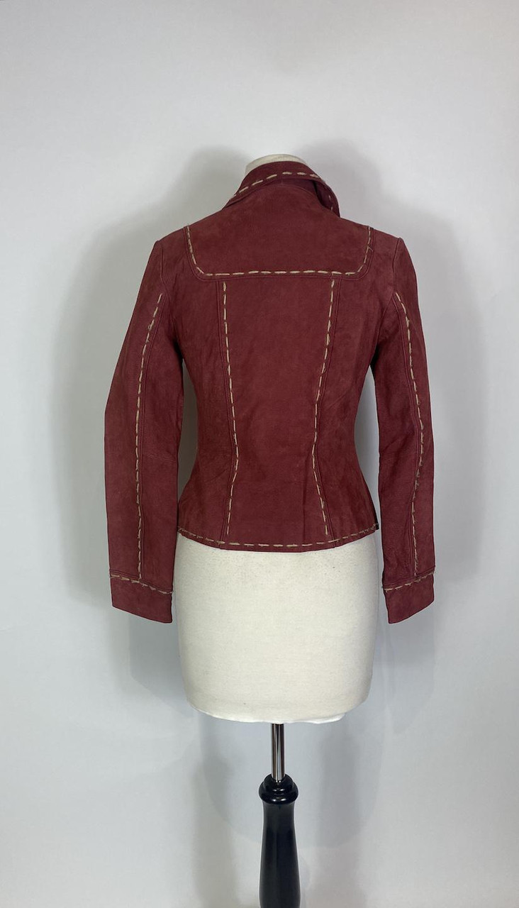 1990s - Y2K Jennnyfer J Red Contrast Stitch Suede Leather Jacket