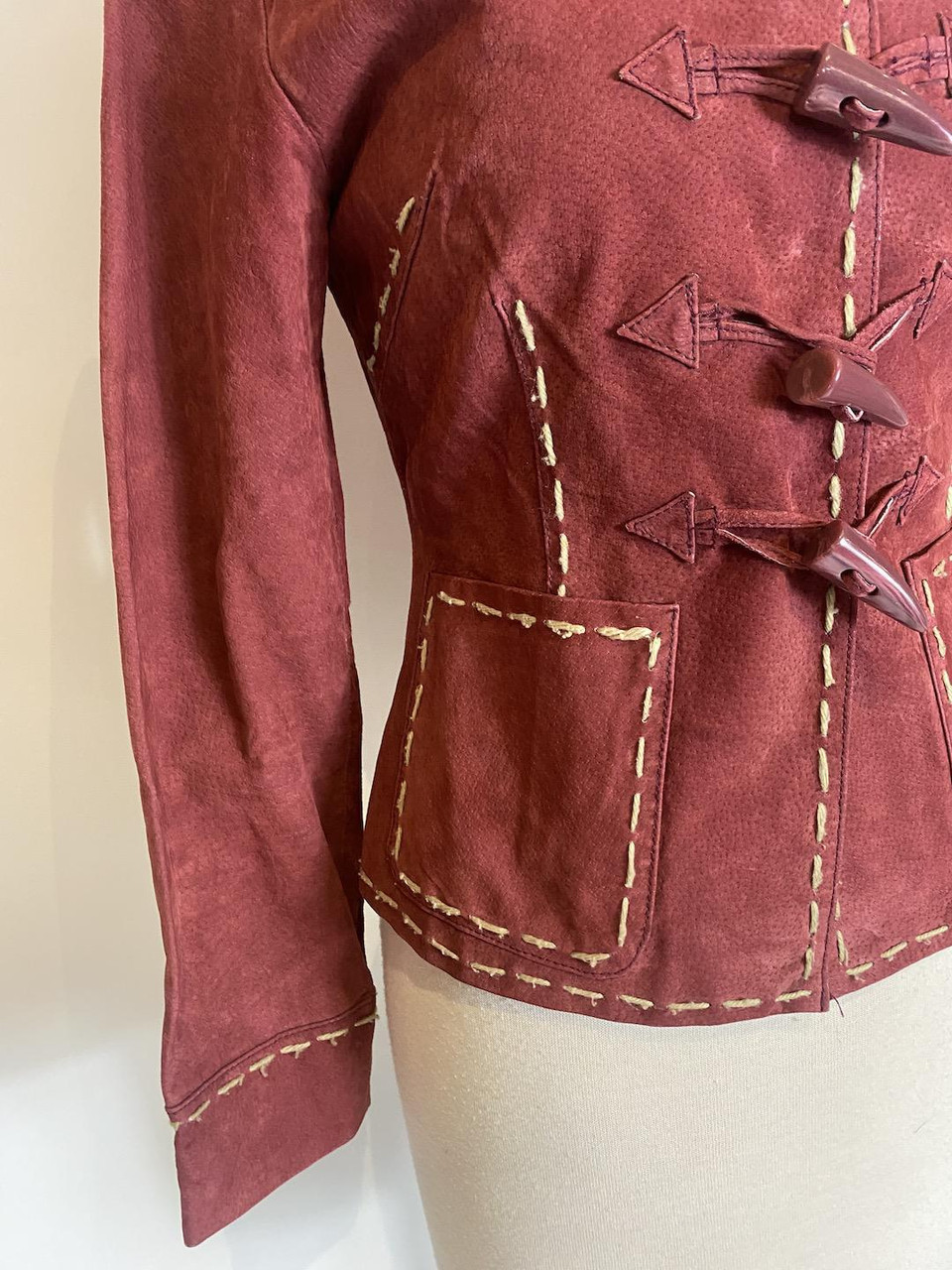 1990s - Y2K Jennnyfer J Red Contrast Stitch Suede Leather Jacket