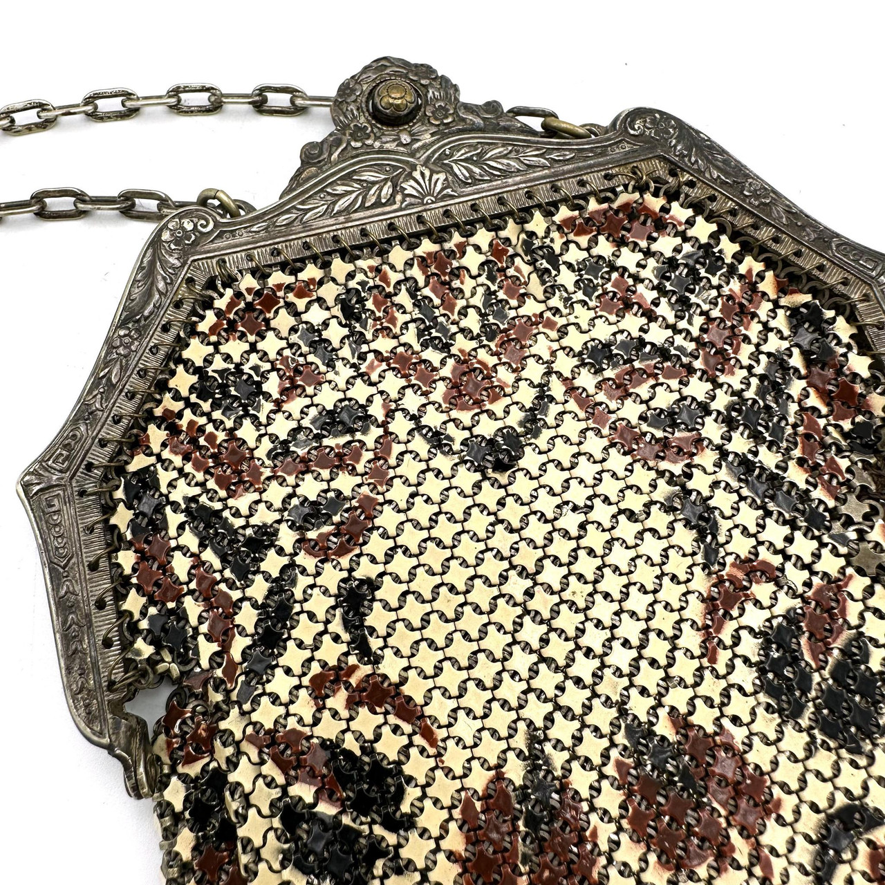 1920s Mandalian MFG Co Deco Floral Metal Mesh Chain Handle Purse