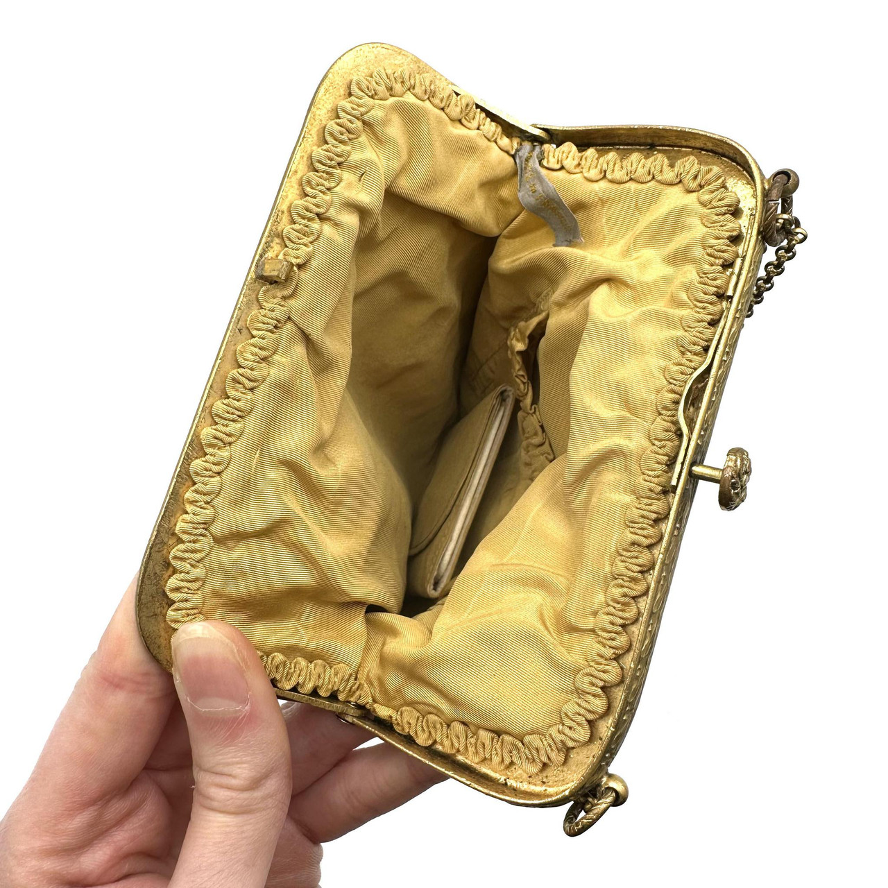 1920s Zig Zag Beaded Golden Brass Frame Chain Handle Purse Paper