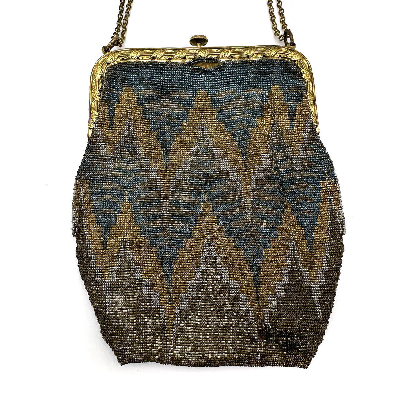 Gold Beased Frame Purse＿GOLD 1920s Zig Zag Beaded Golden Brass Frame Chain Handle Purse