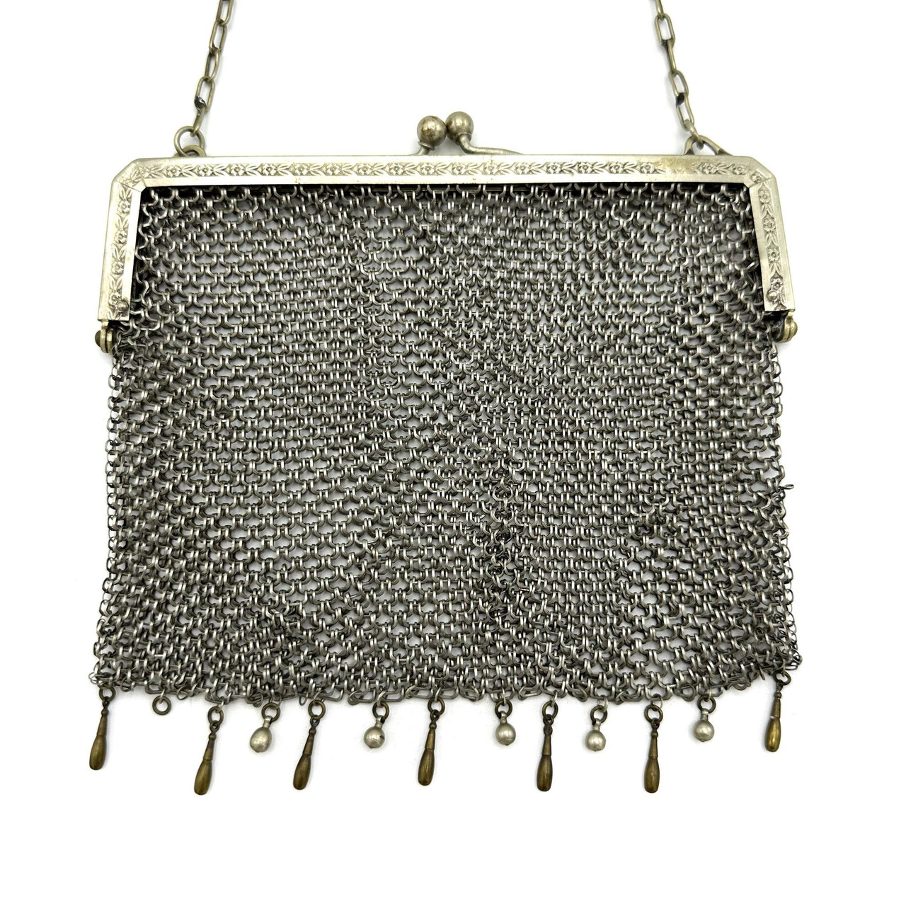 Early 1900s Victorian German Silver Metal Mesh Fringe Detail Chain Handle  Purse