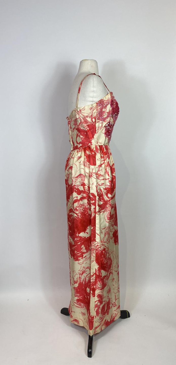 1950s 1960s Pink and Cream Printed Silk Beaded Gown Paper Doll