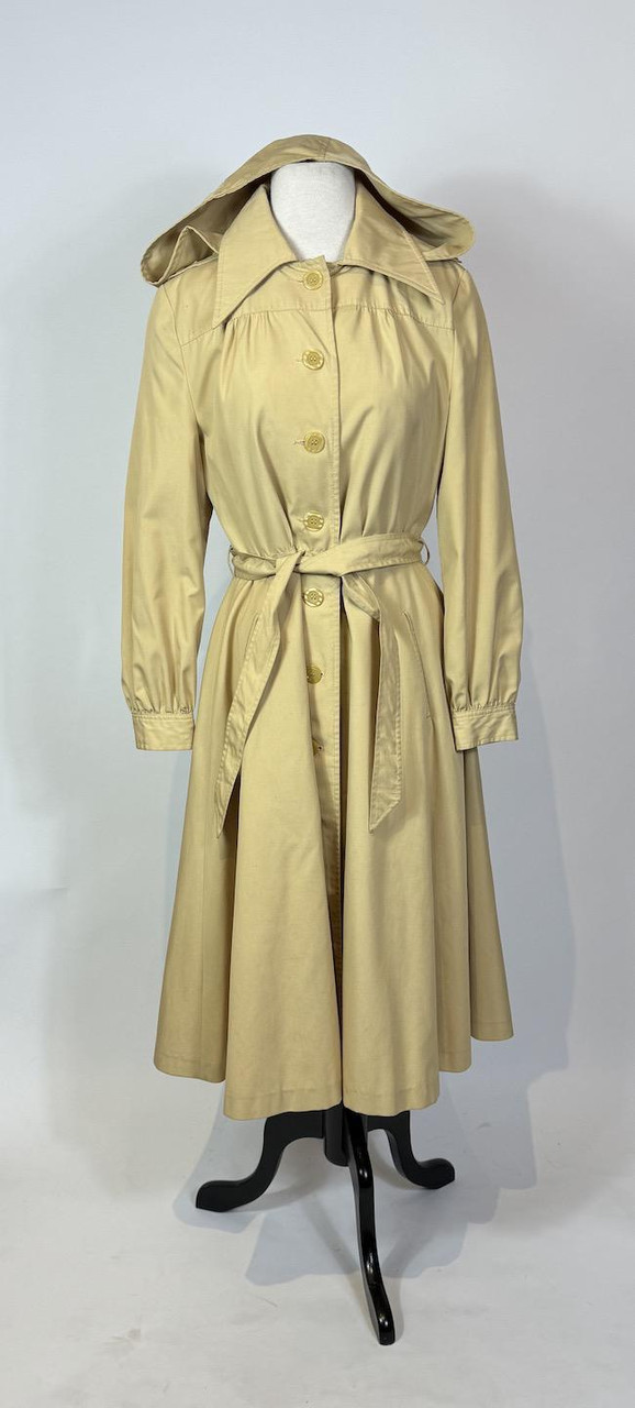 1970s Beige Hooded Fit and Flare Trench Coat Paper Doll Vintage