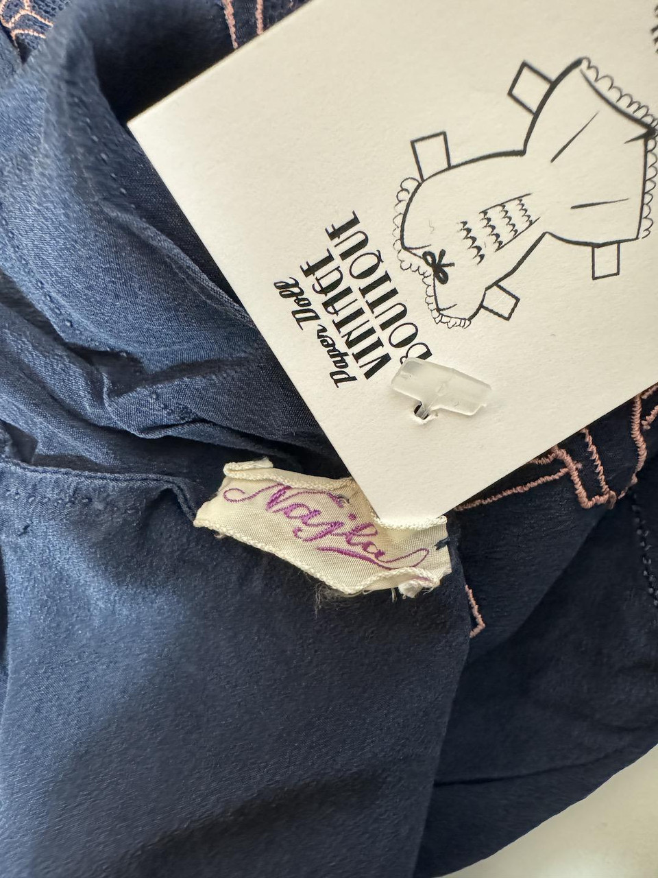 1930s 1940s Najla Blue and Pink Bird Embroidered Slip Dress Paper