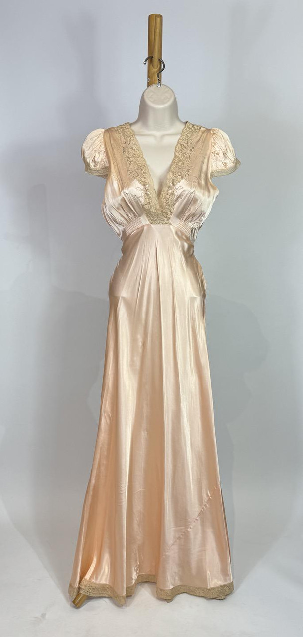 1940s Liquid Satin Lace Trim Maxi Slip Dress Paper Doll Vintage