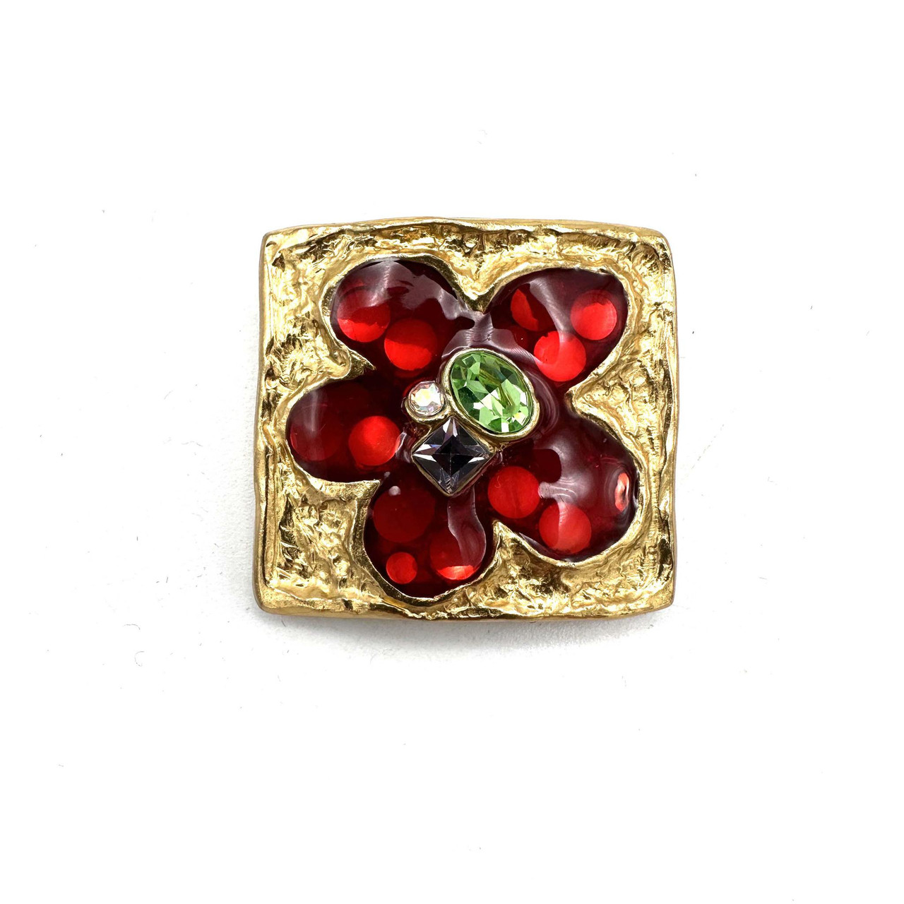 1990s Christian Lacroix Red Flower Rhinestone Detail Enamel Golden