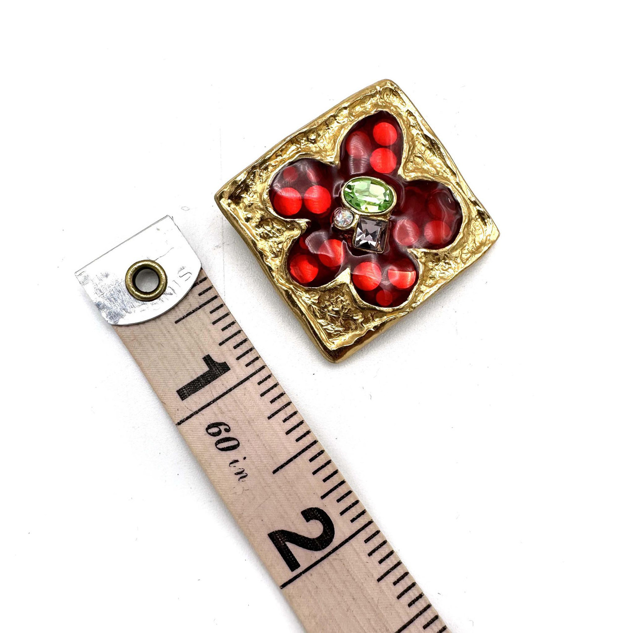 1990s Christian Lacroix Red Flower Rhinestone Detail Enamel Golden