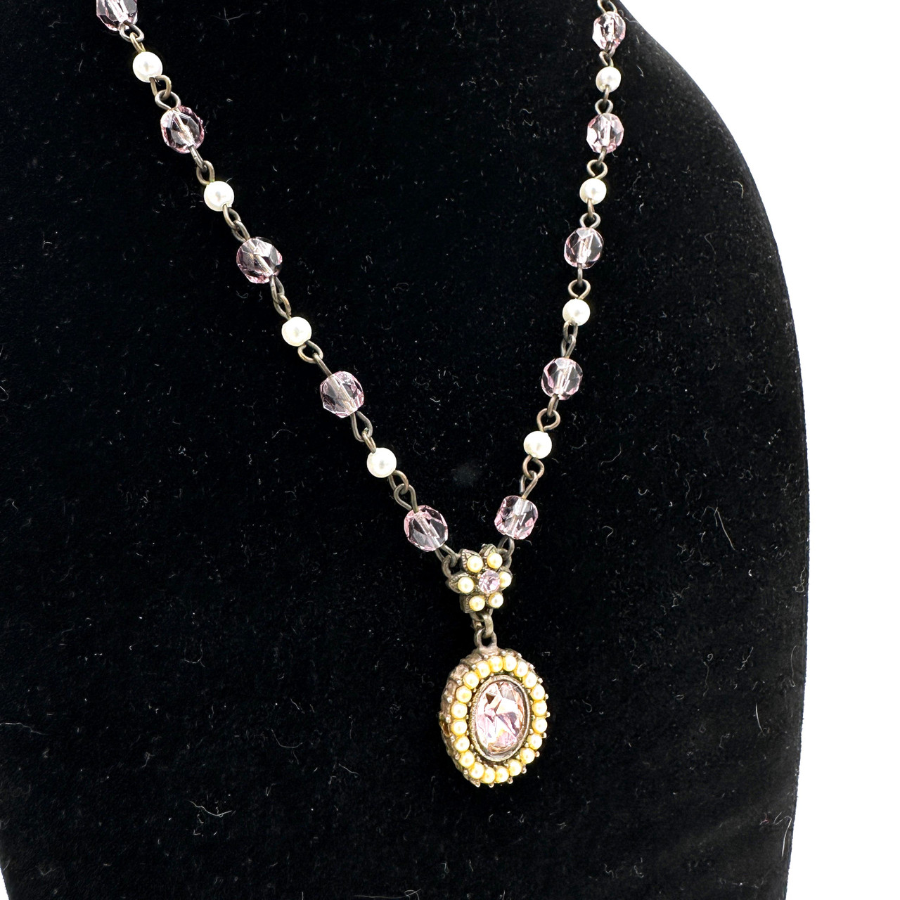 1990s Roxanne Assoulin Pink Glass Pearl Beaded Chain Link Pendant