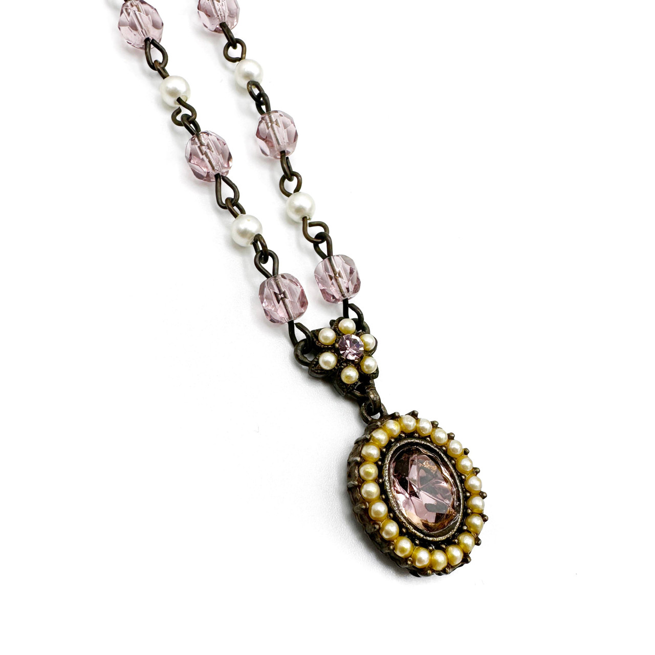 1990s Roxanne Assoulin Pink Glass Pearl Beaded Chain Link Pendant