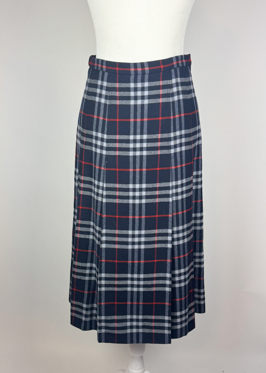 1970s - 1980s Burberrys Blue Tartan Plaid Wool Skirt