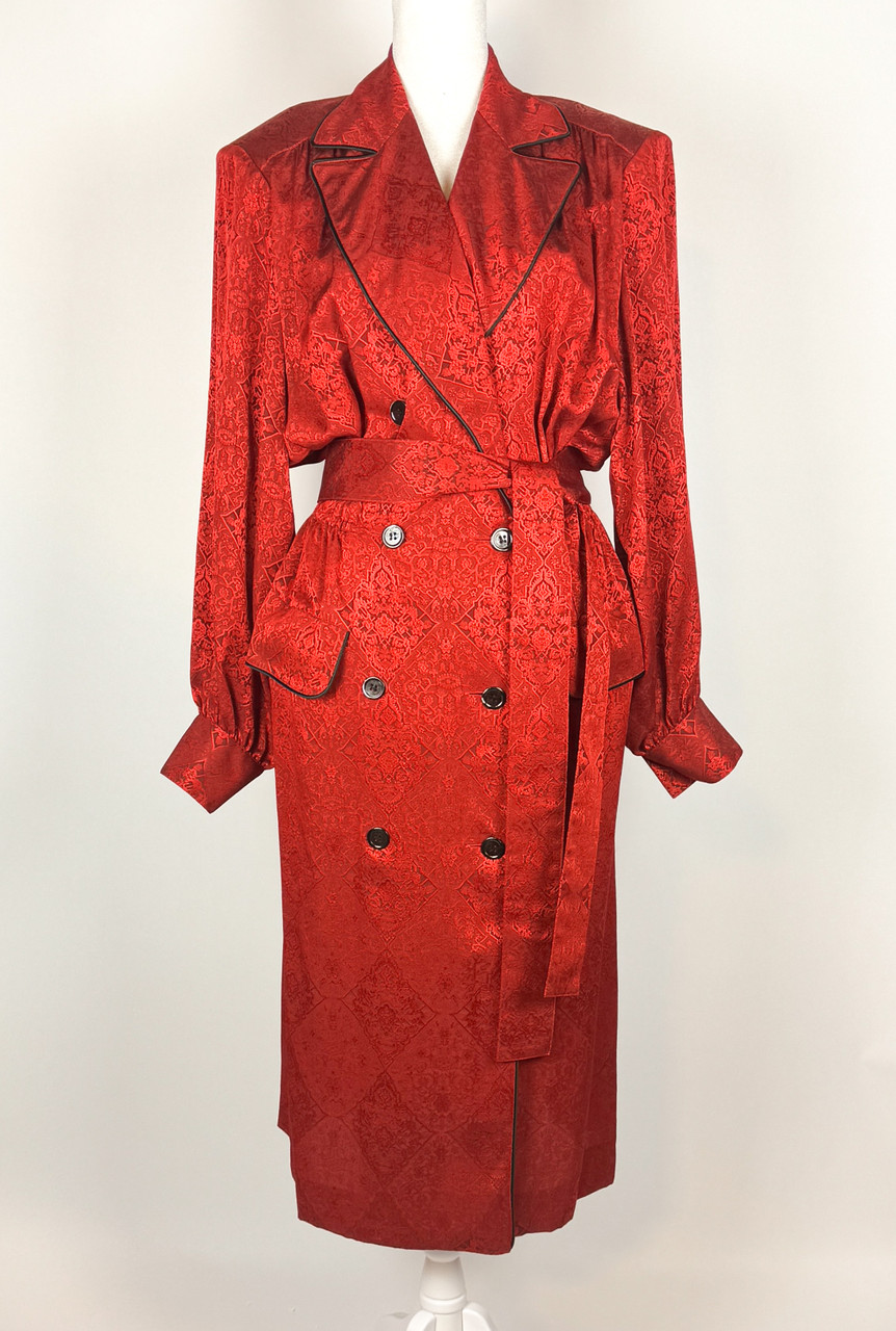 1980s - 1990s Yves Saint Laurent Red Silk Jacquard Smoking Jacket Dress 1980s - 1990s Yves Saint Laurent Red Silk Jacquard Smoking Jacket Dress