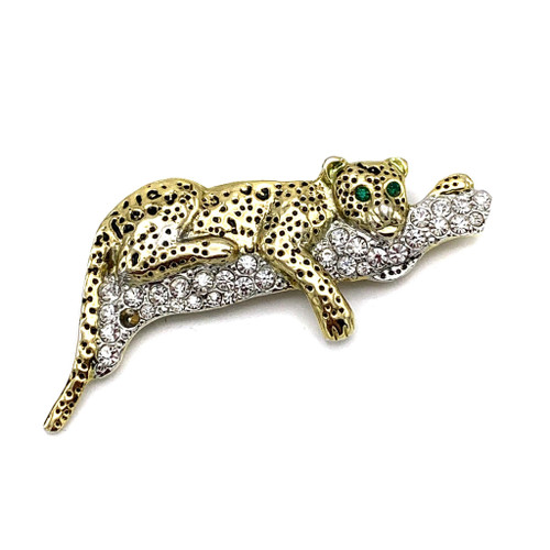 1980s Rhinestone Reclining Leopard Brooch 1980s Rhinestone Reclining Leopard Brooch
