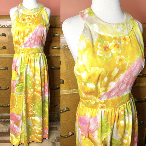 1970s Tori Richard Pastel Hawaiian Floral Print Maxi Dress